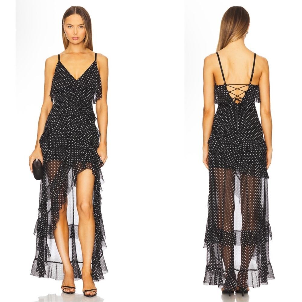 ALICE + OLIVIA Laverne Polkadot Lace Up Tiered Ruffle Silk Maxi Dress Sz 4